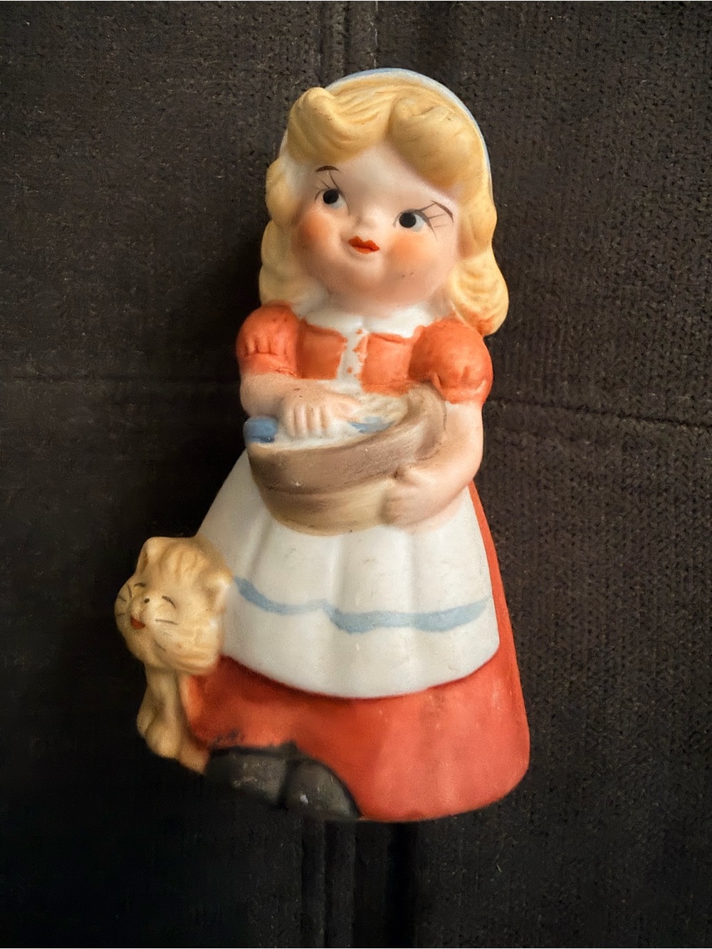 Vintage Ceramic Girl Figurine with Kitten - Red, White, Blonde